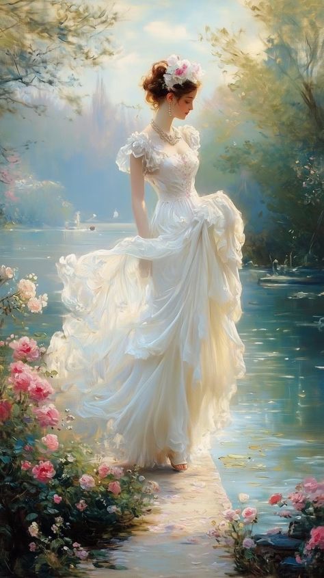 This exquisite artwork, inspired by the delicate stylistic nuances of Impressionist masters, captures a serene moment where a woman in a flowing gown glides gracefully near a serene waterway. The ethereal quality of the painting is enhanced by soft pastel hues, creating a dreamy atmosphere that evokes a timeless elegance. This piece merges the artistry of floral motifs and romantic themes, making it an enchanting addition to any home decor. The artist skillfully employs a gentle palette of pinks Ethereal Paintings, Flower Person, Atmospheric Art, Romanticism Art, Art Romantique, Delicate Gown, Flowing Gown, Dreamy Atmosphere, Flot Makeup