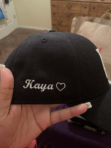 Boyfriend Hat With Name, Name On Fitted Hat, Custom Fitted Hats With Name, Hat With Girlfriends Name On The Side, Fitted Hat With Girlfriends Name, Fitted Hats With Names On The Side, Custom Hat Ideas For Boyfriend, Fitted Hat Embroidery Ideas, Hats With Names On The Side