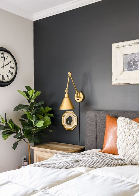 A master bedroom gets a high contrast dark and moody makeover with Sherwin-Williams Iron Ore #Modernfarmhouse Contrast Bedroom, Iron Ore Sherwin Williams, Dark And Moody Bedroom, Bilik Idaman, Moody Bedroom, Bedroom Updates, Bedroom Wall Colors, Dark And Moody, Dekorasi Kamar Tidur