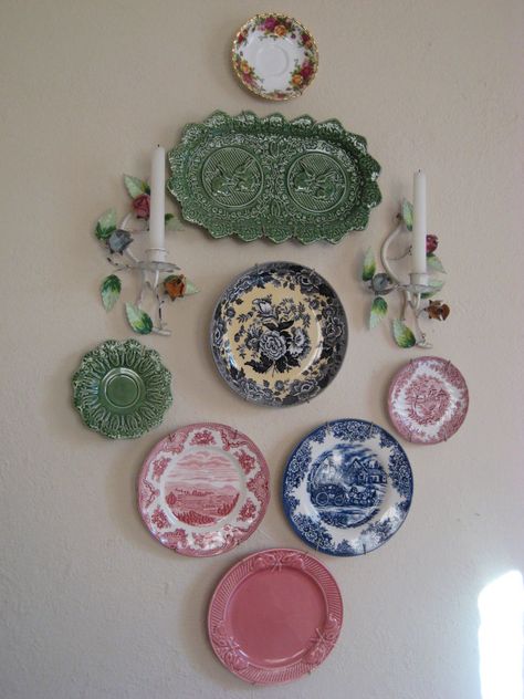 IMG_1412 Plate Decor On Wall, Wall Of Plates, Decorating Plates, Candle Scones, Plate Wall Display, Plate Collage, Wall Arrangements, Plates Ideas, Mismatched Plates