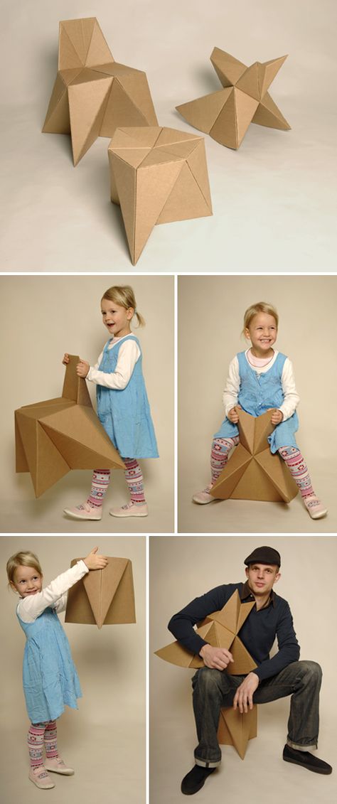 Foldschool is a collection of free cardboard furniture for kids, handmade by you. The downloadable patterns can be printed out with any printer. The collection includes a stool, chair and rocker. :) Diy Kids Table, Cardboard Chair, Cardboard Design, Paper Furniture, Cardboard Toys, Folding Origami, Cardboard Sculpture, Kids Table And Chairs, Cardboard Art