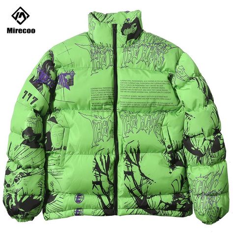 2019 Parka Down Jacket Japanese Cartoon Graffiti Print Men Winter Padded Jacket Windbreaker Streetwear Harajuku Coat Hip Hop Outwear From Lastdoc, $72.94 | DHgate.Com Vintage Retro Aesthetic Outfits, Printed Puffer Jacket, Anime Jacket, Hip Hop Jacket, Men Parka, Graffiti Cartoons, Mens Parka, Parka Coat, Warm Jacket