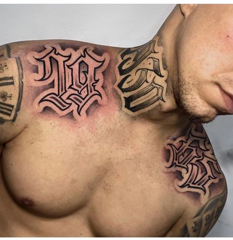 Chest Shading Tattoo, Upper Trap Tattoo Men, Top Of Shoulder Tattoo Men Ideas, Chest Number Tattoo, Upper Collar Bone Tattoo, Deltoid Tattoo Men, Shoulder Lettering Tattoo, Number Chest Tattoo, Neck Sleeve Tattoo Men