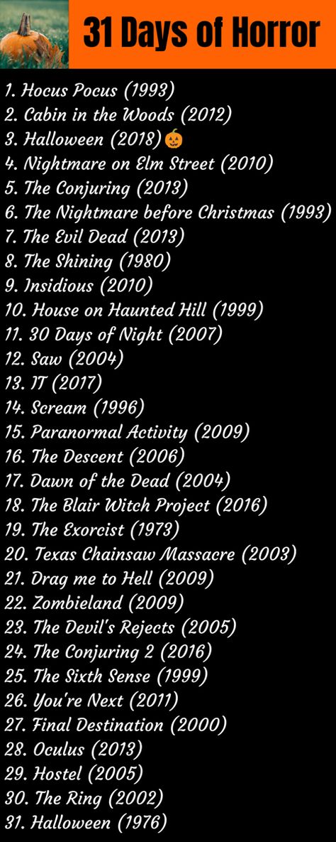 31 Days Of Halloween Movies Scary, 31 Days Of Scary Movies, 31 Days Of Horror Movies, 30 Days Of Horror Movies, Top 10 Horror Movies List, Iconic Halloween Movies, Halloween Movies List 31 Days, 31 Movies For Halloween, 31 Nights Of Halloween Movies