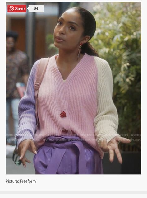 Grown Ish Outfits Zoey, Grown Ish Outfits, Zoey Johnson, Grown Ish, Colorblock Cardigan, Yara Shahidi, Leopard Print Jacket, Color Block Cardigan, Long Sleeve Striped Top