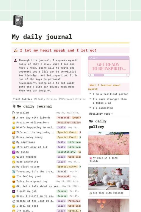 Cute Notion Template Ideas, Notion Photos Aesthetic, Notion Daily Journal Template, Aesthetic Notion Template Link, Notion Vision Board Template, Notion Daily Journal, Notion Journal Template, Notion Layout, Notion Journal