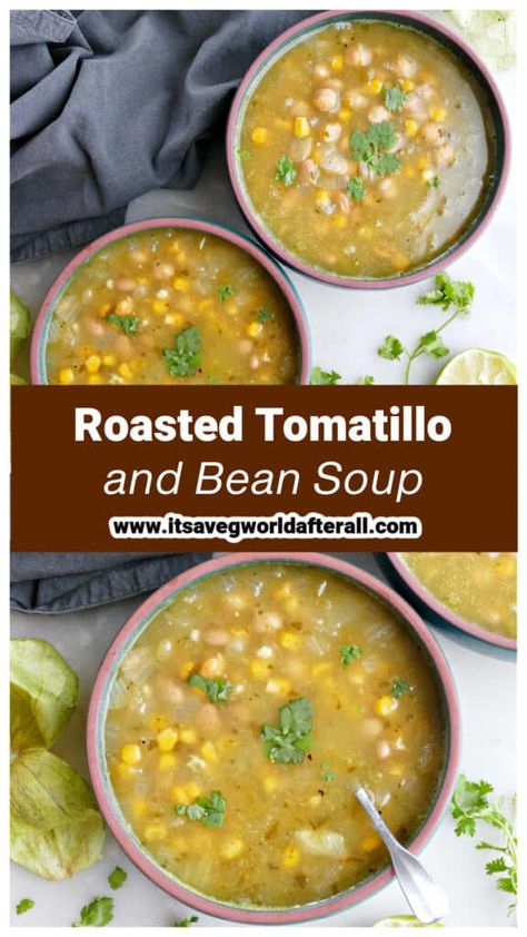 Tomatillo Soup, Soup Vegetarian, Roasted Tomatillo, Vegan Beans, Vegan Soup, Soup And Sandwich, Pinto Beans, Soup Pot, Bean Soup