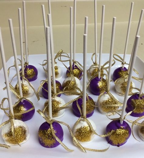 Purple And Gold Candy Table, Purple And Gold Treat Table, Purple And Gold Gender Reveal, Purple And Gold 60th Birthday Party, Purple And Gold Cookies, Purple And Gold Cake Pops, Purple And Gold Theme Party, Purple And Gold Graduation Decorations, Lavender And Gold Graduation Party