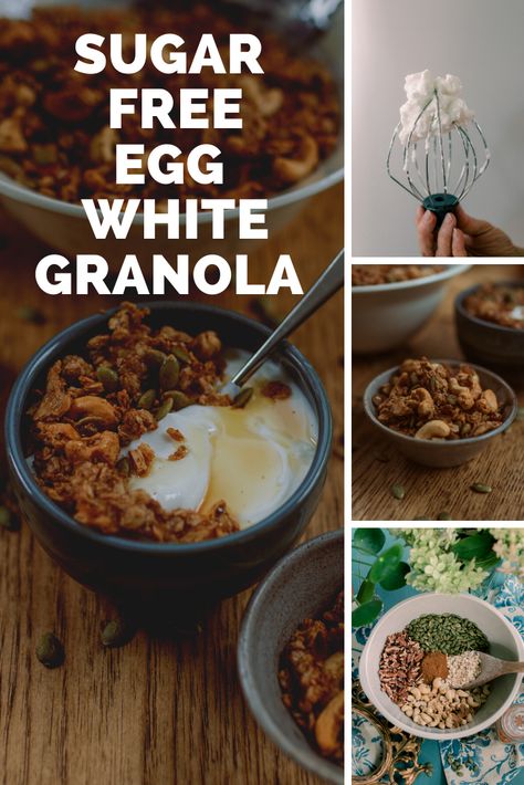 This High Protein Granola recipe is completely sugar-free, held together with whipped egg whites and deliciously spiced with ginger and cinnamon. It is so easy to make with only 20 minutes of active prep time. After 60 minutes in the oven on low heat, you’ll have delicious granola to enjoy all week. #sugarfreegranola #highproteingranola #healthygranola High Protein Granola Recipe, Sugar Free Granola Recipe, Protein Granola Recipe, High Protein Granola, Protein Egg, Sugar Free Granola, Chocolate Chunk Cookie Recipe, Protein Granola, Baked Carrots