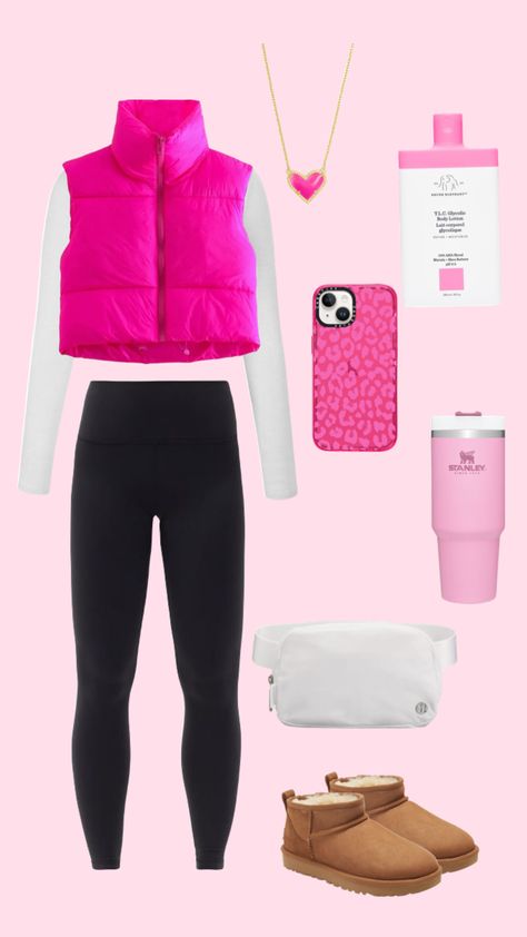 Preppy Puffer Jacket, Preppy Tiktok Outfits, Preppy Outfits Sporty, Pink Outfits Preppy, Cute Summer Sporty Outfits, Hot Pink Puffer Jacket Outfit, Preppy Outfits Collage, Pink Outfit Board, Cute Puffer Jacket Outfits