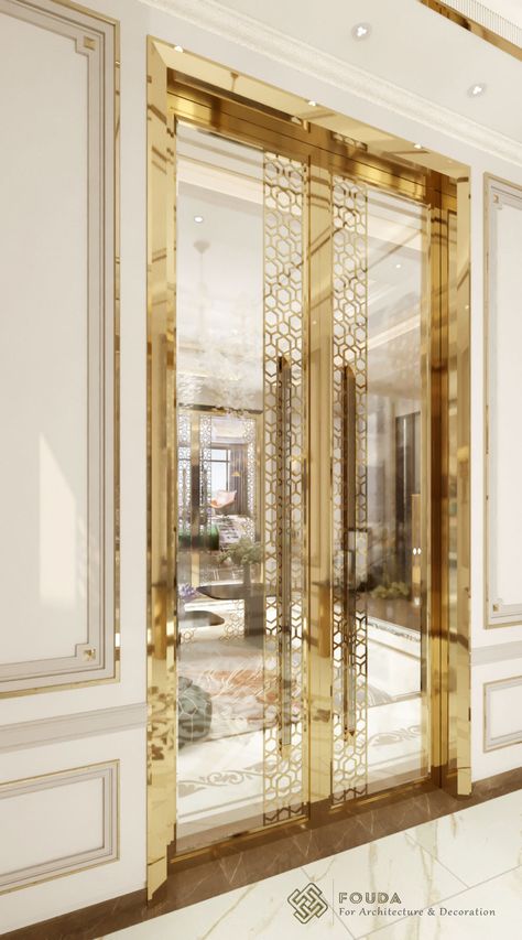 Ground Floor Neoclassic Design In Abu Dhabi on Behance Gate And Fence Ideas, Neoclassic Design, Luxury Entrance, Glass Door Design, Wood Fence Design, Retail Store Interior Design, Elegant Doors, House Interior Design Styles, Modern Entrance