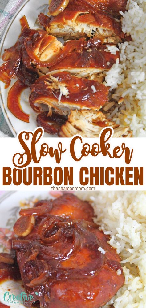 Who has time to cook a nice dinner during the week? Slow cooker bourbon chicken is the perfect solution! This easy recipe only takes about 5 minutes of prep time, and then your slow cooker does all the work for you. In just 4 hours your bourbon chicken will be cooked through and tender, with a delicious honey glaze. Crockpot Burbon Chicken, Slow Cooker Bourbon Chicken, Burbon Chicken, Honey Bourbon Chicken, Bourbon Chicken Crockpot, Bourbon Chicken Recipe, Crockpot Chicken Breast, Bourbon Chicken, Nice Dinner