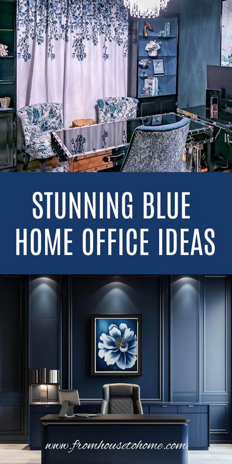 stunning blue home office ideas Blue Office Guest Room, Home Office Ideas Navy Blue, Coastal Blue Home Office, Blue And White Home Office, Navy Blue Office Ideas, Blue Home Office Ideas, Blue Office Design, Blue And White Office, Navy Home Office