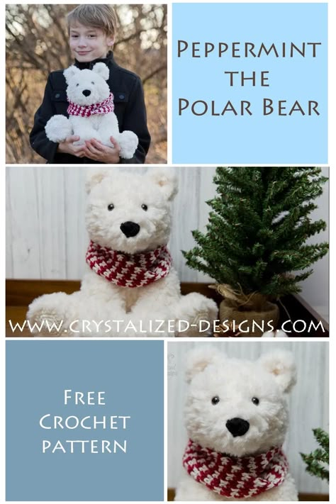 Peppermint the Polar Bear Free Crochet Pattern by Crystalized Designs Crochet Bear Realistic, Crochet Black Bear Pattern, Fuzzy Yarn Crochet Projects Free, Free Crochet Polar Bear Pattern, Yeti Crochet Pattern Free, Polar Bear Crochet Pattern Free, Crochet Polar Bear Pattern Free, Fur Yarn Crochet Patterns, Crochet Bear Pattern Free