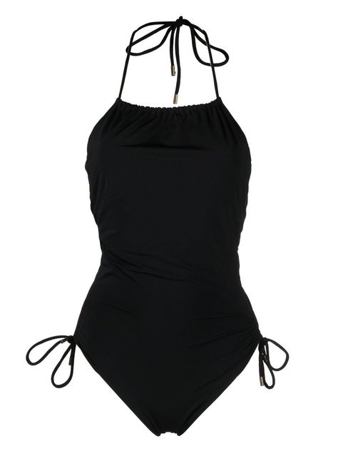 black stretch-design halterneck adjustable neck strap lace-up detailing open back Be mindful to try on swimwear over your own garments. Fashion Top Outfits, Swimsuit Black, Be Mindful, Cute Swimsuits, Neck Strap, Black Swimsuit, Black Stretch, Cute Black, Try On