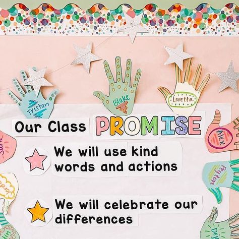 Laura White on Instagram: "🦄Class Promise Freebie!🦄 One of my favorite Back to School activities is making our Class Promise. I made this freebie so you can do this with your class too! 🌟Ask your students what they think a great classroom should look like 🌟Talk together about what rules you think you’ll need 🌟Reveal the classroom promise 🌟Have every student sign it by decorating a handprint with their name! 💕Grab this from my bio or comment for the link💕 #teachingresources #teachingideas Class Family Promise, Classroom Promise Kindergarten, I Promise Book Activities, Our Class Promise, School Rules Activities, Classroom Values, Preschool Class Rules, Classroom Contract, Classroom Promise