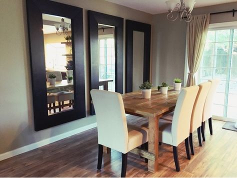 Vertical mirrors behind the dining room table makes the space look taller, larger, and more modern!  @Bunker Hill Remodel: 3 Mirrors in the Dining Room 3 Mirrors In Dining Room, Mirrors In Dining Room, Minimalist Dining Room Small, 3 Mirrors, Kitchen Dining Room Combo, Scandinavian Dining Room, Boho Dining Room, Mirror Dining Room, Minimalist Dining Room