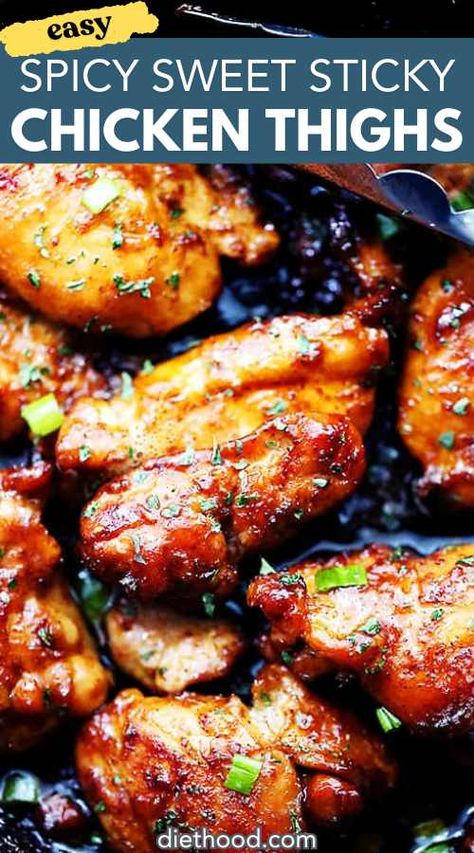 This is an easy and quick one-skillet meal that includes delicious and tender sticky chicken thighs seasoned with a homemade spice rub and brushed with an amazingly sweet honey sauce. Sweet And Sticky Chicken, Diethood Recipes, Sticky Chicken Thighs, Honey Chicken Thighs, Sticky Chicken Recipe, Chicken Thigh Seasoning, Chicken Thighs Dinner, Healthy Chicken Thigh Recipes, Bbq Chicken Thighs