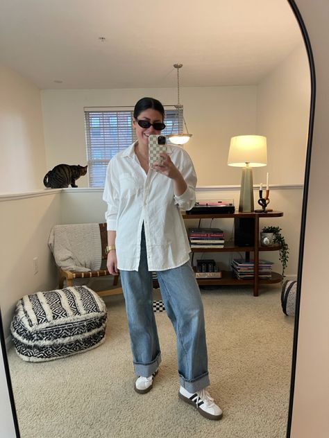 Spring outfit idea — casual outfit — wide leg jeans, adidas sneakers, oversized white button down Outfit Wide Leg Jeans, White Button Down Outfit, White Sport Shoes, Outfit Wide Leg, Button Down Outfit, Spring Outfit Idea, Wide Leg Jeans Outfit, White Button Up, Wide Jeans