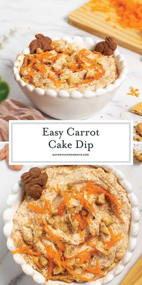 The perfect combination of cream cheese, carrots and spices, this Carrot Cake Dip is the perfect dessert for Easter and spring celebrations! Spring Desserts Easter, Carrot Cake Dip Recipe, Carrot Cake Dip, Cake Dip Recipe, Cheese Carrots, Dessert For Easter, Easter Rice Krispie Treats, Dessert Dip Recipes, Mouthwatering Desserts