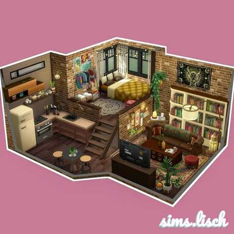 Sims Loft Ideas, Cool Sims Houses, Sims 3 Apartment Ideas, House Design Cute, Rooms Game Ideas, Sims Houses Interior, Caryn And Connie Sims 4, Basement Ideas Sims 4, Sims No Cc Rooms