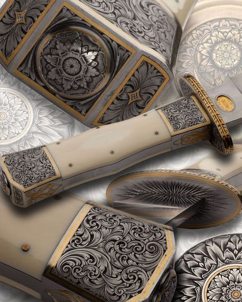 Sam Alfano, engraver - This makes me want a knife. This hand-engraved piece is stunning! Note to self, start making lots of $$ and commission a piece. Linked to site. Knife Engraving, Trench Knife, Engraved Knife, Engraving Tools, Engraving Art, Knife Art, Custom Knife, Metal Engraving, Knife Handles