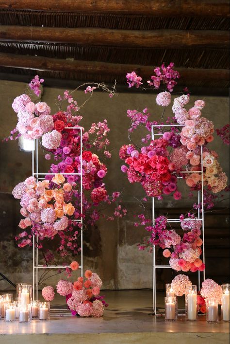 Wedding Ceremony Floral Arch in shades of Pink with a touch of Peach Peach And Fuschia Wedding, Wedding Arch Pink, Ombre Pink Wedding, Pink Floral Backdrop, Pink Wedding Backdrop, Pink Wedding Arch, Flower Columns, Pink Balcony, Pink Wedding Ceremony