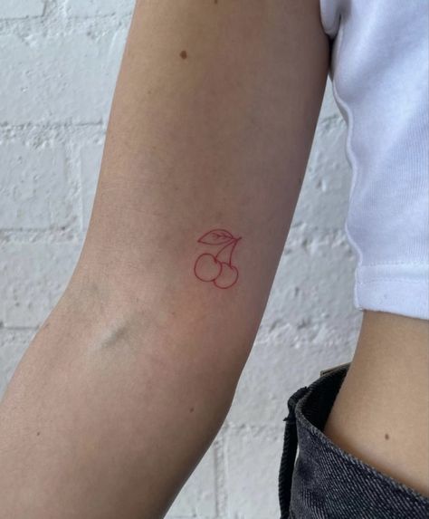 Cherry Tattoo Red Ink, Small Edgy Tattoo Ideas, Cherrie Tattoos, Cherry Red Tattoo, Small Cherries Tattoo, Cherry Tattoo Aesthetic, Cherry Finger Tattoo, Stamp Tattoo Cherry, Cherries Tattoos