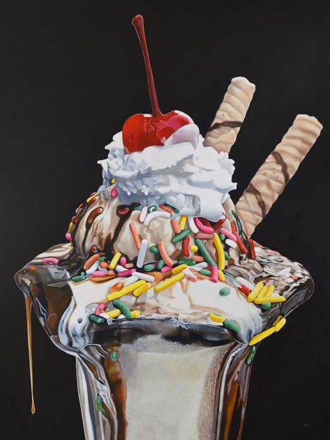 acrylic painting of a hot fudge sundae Sundae Painting, Weekend Painting, Ice Cream Painting, Giant Ice Cream, Desserts Drawing, Ice Cream Art, Prismacolor Art, Food Artwork, School Painting