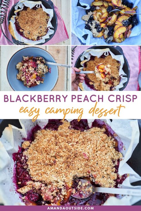 This blackberry peach fruit crisp is the perfect camping dessert. This fruit crumble is cooked in a dutch oven and it tastes absolutely delicious. If you want an easy camping dessert idea, check out this recipe. This peach crisp with oatmeal and fresh peaches is perfect for when there’s an abundance of ripe fruit in the Summer months. It’s one of the easiest dutch oven recipes you can make while camping. Let’s get started! #dessert Dutch Oven Cobbler, Easy Dutch Oven Recipes, Dutch Oven Desserts, Dutch Oven Recipes Cast Iron, Camping Dessert Recipes, Blackberry Peach, Fruit Crisp Recipe, Summer Fruit Desserts, Dutch Oven Camping Recipes