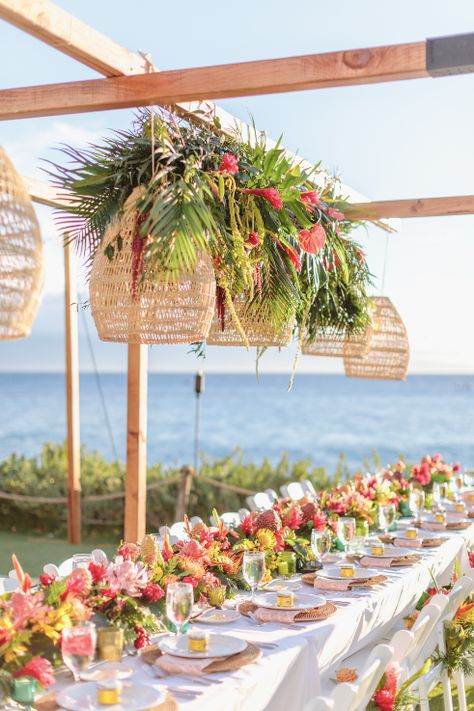 Bright Tropical Wedding, Crazy Rich Asians Wedding, Hawaii Wedding Ideas, Hawaiian Wedding Themes, Hawaiian Wedding Flowers, Westin Maui, Tropical Wedding Reception, White Orchid Wedding, Wedding Reception Layout