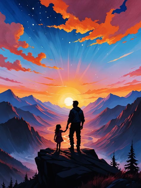 Father and kid, daughter, Family art, Silhouette, Scenic landscape, outdoors, Bonding, Inspirational, father's day gifts ideas, fathers day gift, summer wallpaper, phone wallpaper, poster, sunset, mountains Father's Day Gifts Ideas, Summer Wallpaper Phone, Father Daughter Bond, Book Layouts, Landscape Pencil Drawings, Sunset Mountains, Art Silhouette, Sunset Beautiful, Father And Daughter