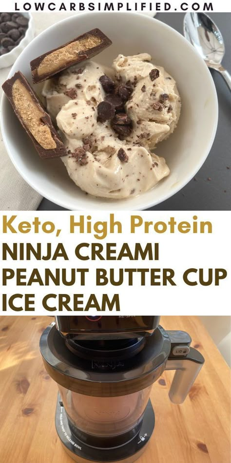 Peanut butter and chocolate are meant to be, especially in this keto peanut butter cup ice cream! And, thanks to the Ninja Creami, this ice cream is high in protein, low in calories and carbs, and sugar-free! High Protein Low Carb Ice Cream, Low Carb Protein Ice Cream, Sugar Free Creami Recipe, Ninja Creami Recipes Peanut Butter, High Protein Low Carb Ninja Creami, Keto Creami Ice Cream, Ninja Creami Healthy Recipes Keto, Ninja Creami Peanut Butter Cup, Creami Ninja Recipe Keto