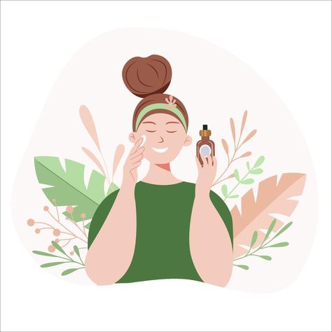 Beautiful young woman applying cosmetic product. Woman face and green plant. Skin care banner. Skincare routine, mask applying and cosmetics. Vector concept illustration. Skin Care Illustration, Skincare Illustration, Face Illustration, Beauty Clinic, Concept Illustration, Women Skin, Woman Illustration, Cream Lotion, Girls Illustration