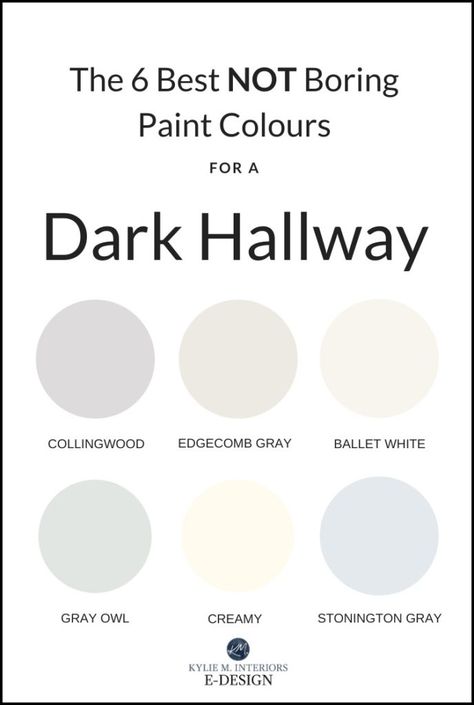 Learn how to pick the best paint colour for your dark hallway or staircase with Benjamin Moore and Sherwin William's best paint colours, including Gray Owl, Collingwood, Stonington Gray, Ballet Whte, Edgecomb Gray and Creamy #hallway #staircase #kylieminteriors #kyliemedesign #virtualdesign #edesign #bestpaintcolours #benjaminmoore #grayowl Hallway Paint Colors, Bright Paint Colors, Light Grey Paint Colors, Light Paint Colors, Hallway Paint, Hallway Colours, Dark Hallway, Light Gray Paint, Popular Paint Colors