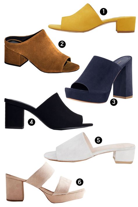 The Suede, Block-Heel Mule  - ELLE.com Block Heel Mules Outfit, Black Mules Shoes Outfit, Mule Sandals Outfit, Heeled Sandals Outfit, Mule Shoes Outfit, Heel Sandals Outfit, Trendy High Heels, Block Heel Mule, Block Heel Mules