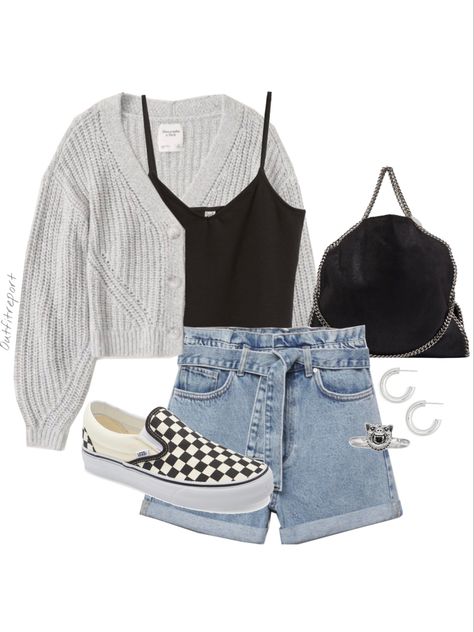 Summer Outfits Cardigan, Outfit Ideas With Denim Shorts, Black Vans Outfit Summer, Black And Grey Outfits For Women, Vans Shoes Outfit Women Style, Grey Denim Shorts Outfit, Shorts And Cardigan Outfit Summer, Checkered Vans Outfit Summer, Grey Outfit Summer