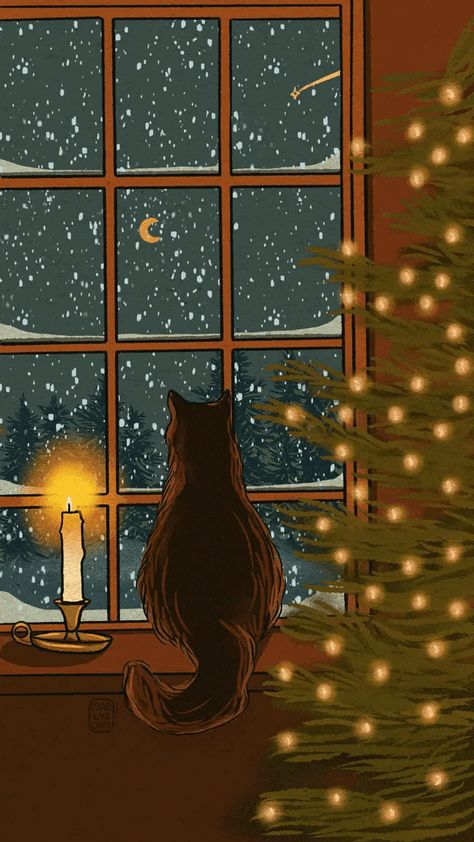 Cat Wallpaper Christmas, Christmas Cat Wallpaper, Everyday Scenes, 달력 디자인, Wallpaper Christmas, Christmas Aesthetic Wallpaper, Winter Cat, Winter Illustration, Cute Christmas Wallpaper