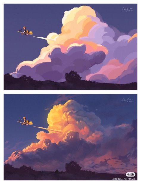 Stylized Clouds Illustrations, Clouds Reference Drawing, How To Paint Clouds Digital, How To Shade Clouds, Cloud Tutorial Painting, Cloud Background Drawing, Digital Art Clouds, Cloud Shading, Cloud Digital Art