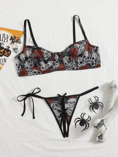 Multicolor    Mesh    High Stretch  Women Plus Intimates Halloween Lingerie, Bra Types, Unique Boutique, Halloween Skull, Lingerie Set, Trending Accessories, String Bikinis, Latest Fashion Trends, Floral Print