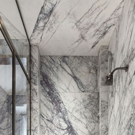 Steven Harris Architects on Instagram: "Shower in the primary bathroom of our West Village Townhouse. Floor-to-ceiling marble adds dynamism to this luxurious space. Interiors by Studio Sofield Image by @selliottphoto #architecture #style #design #interiordesign #designdaily #newyorktownhouse #townhousedesign #newyorkrealestate #bathroomdesign #showerdesign #luxuryrealestatenyc" Lilac Marble, West Village Townhouse, Mosaic Pool Tile, Herringbone Wall, Duplex Penthouse, Limestone Wall, Primary Bathroom, Waverly Place, Washington Square Park