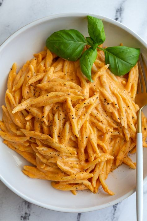 Roasted Red Pepper Tofu Pasta - Food with Feeling Firm Tofu Pasta Sauce, Roasted Red Pepper Tofu Pasta, Tofu Ricotta Pasta, Roasted Red Pepper Tofu Sauce, Vegan Shell Pasta Recipes, Silken Tofu Pasta, Roasted Bell Pepper Recipes, Silken Tofu Pasta Sauce, Silken Tofu Sauce