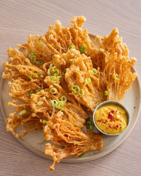 Vegan Crispy Enoki Mushrooms with Amba Mayo - Best of Vegan Crispy Enoki Mushrooms, Fried Jackfruit, Enoki Mushroom Recipe, Enoki Mushrooms, Mayo Recipe, Burnt Toast, Vegan Ideas, Mapo Tofu, Chinese Takeout