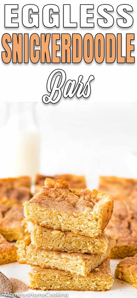 These Eggless Snickerdoodle Bars are wonderfully soft and buttery. Quick, simple, and you don’t even need a mixer to make them! #recipe #eggless #eggfree #eggallergy #egglessbaking #dessert #Snickerdoodle #bars #easy #quick #cinnamon #sheetpan #best Snickerdoodle Cookie Bars, Chewy Cookie Bars, Snickerdoodle Cookies Easy, Snickerdoodle Bars, Snickerdoodle Cookie, Snickerdoodle Recipe, Eggless Recipes, Eggless Baking, Cookie Bar