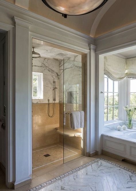 French House Interior, Marble Bathroom Designs, Chateaux Interiors, Bedroom Addition, Window In Shower, Dream Interior, House Bloxburg, Bathing Beauty, Bathroom Redesign