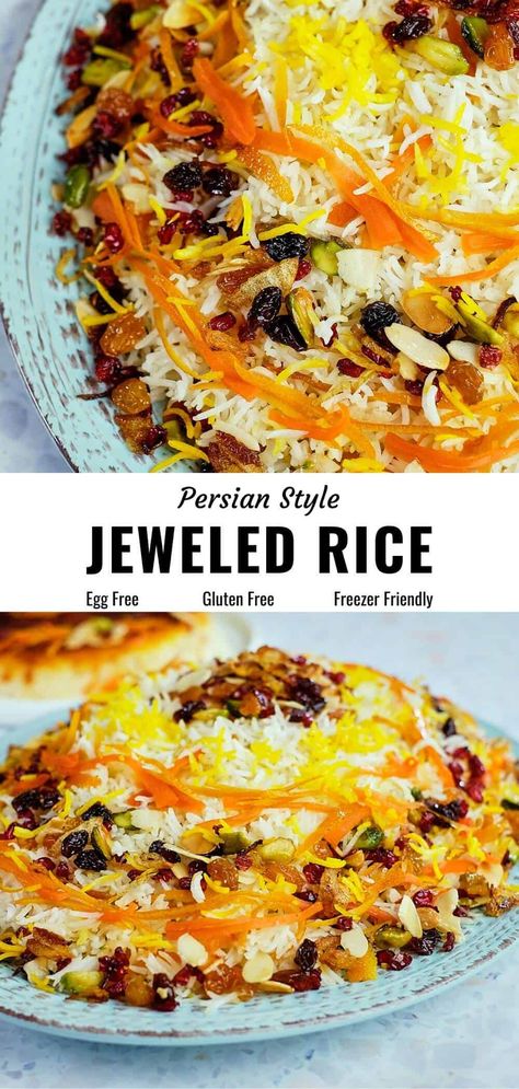 Jeweled Persian Rice Pilaf, Rice With Pomegranate Seeds, Persian Rice Recipes, Persian Rice Dishes, Iranian Rice Recipe, Jeweled Rice Persian, Jeweled Rice Recipe, Persian Rice Recipe Iranian Food, Iranian Rice Persian Recipes