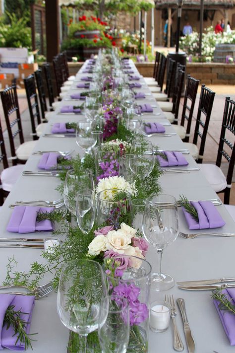 Purple And White Table Decorations, Reception Food Table Decorations, Purple Tablecloth Wedding, Purple And Green Wedding Table Settings, Purple Runner Wedding Table, Soft Purple Wedding Theme, Lilac Wedding Table Decor, Long Tables For Wedding, Lavender Table Setting