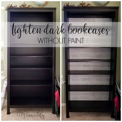 Wallpapered Bookcase, Bookshelf Makeover Diy, Diy Bookcase Makeover, Dark Bookshelves, Dark Wood Bookcase, Wallpaper Bookcase, Brown Bookshelves, Diy Bookcase, Farmhouse Bookcases