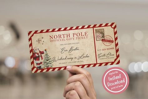 editable vintage north pole christmas gift ticket print at home christmas gift voucher official north pole santa claus Christmas Gift Voucher, Christmas Vouchers, Polo Nord, Christmas Gift Vouchers, North Pole Christmas, Nice List Certificate, Christmas Gift Tags Personalized, Its Christmas Eve, Voucher Design