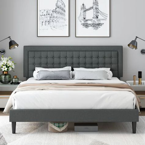 Tufted Upholstered Platform Bed with Adjustable Headboard Platform Bed Frame With Headboard, Grey Bed Frame, Cama King Size, Lit King Size, Bed Platform, Bed Frame With Headboard, Modern Platform Bed, King Size Bed Frame, Cama King